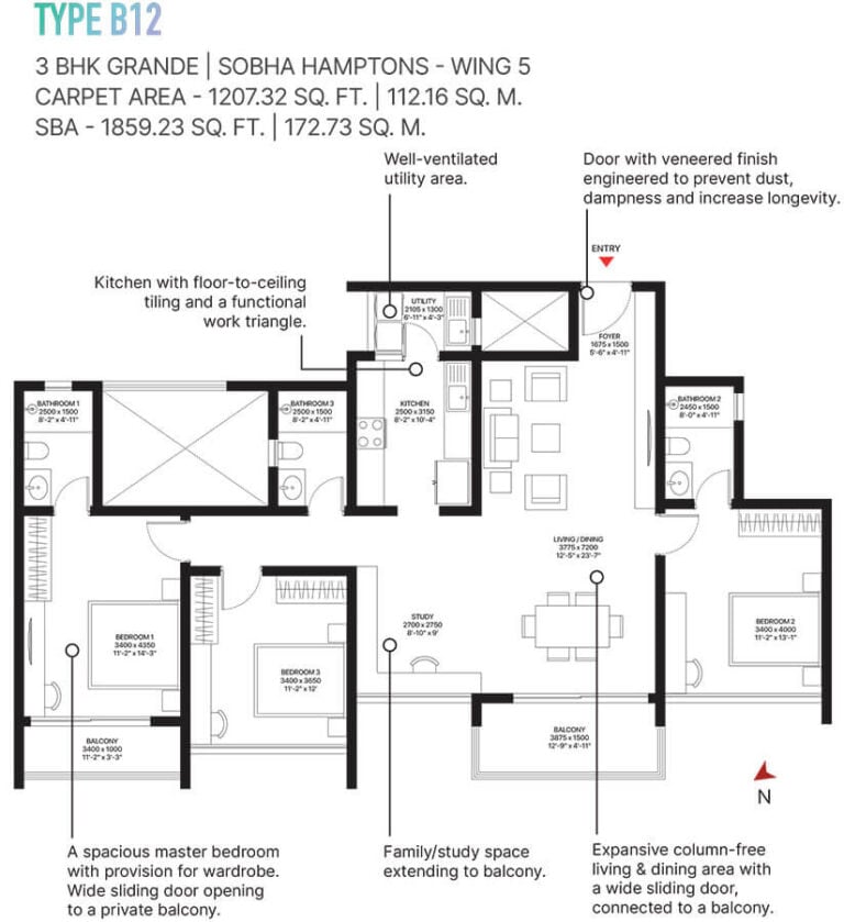 3BHK 1859 - Sobha Town Park Phase 3