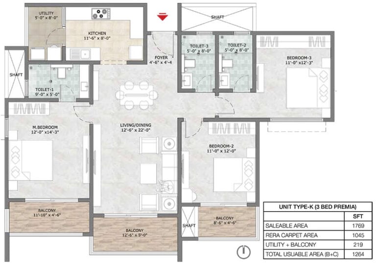 3BHK Premia 1769 - Prestige Suncrest Apartments