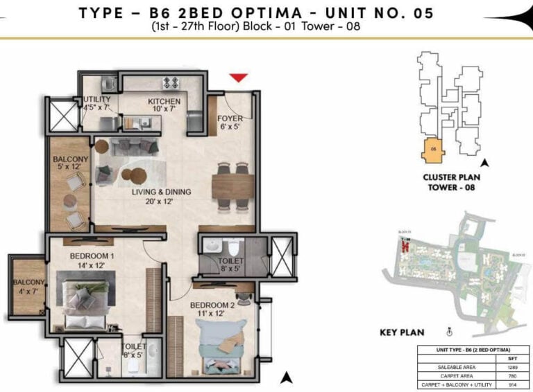 2BHK Optima 1289 - Prestige Southern Star