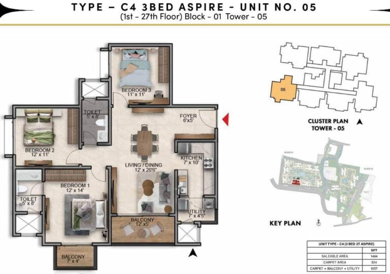 3BHK Aspire 1484 - Prestige Southern Star