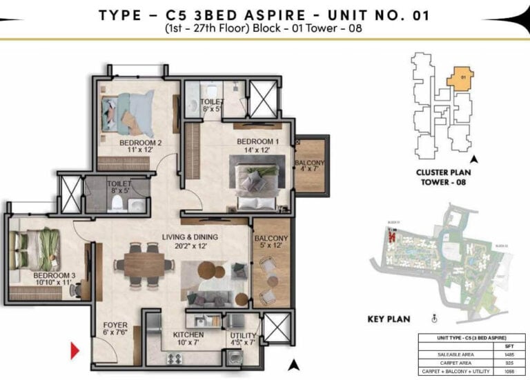 3BHK Aspire 1485 - Prestige Southern Star