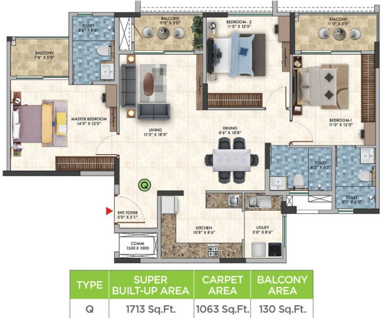 3BHK 1713 - Sattva Park Cubix Phase 2