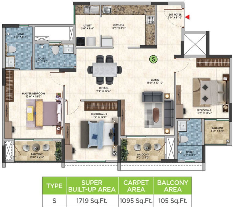 3BHK 1719 - Sattva Park Cubix Phase 2