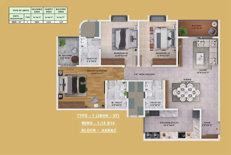 Type-1 3BHK-3T - Sattva Vasanta Skye