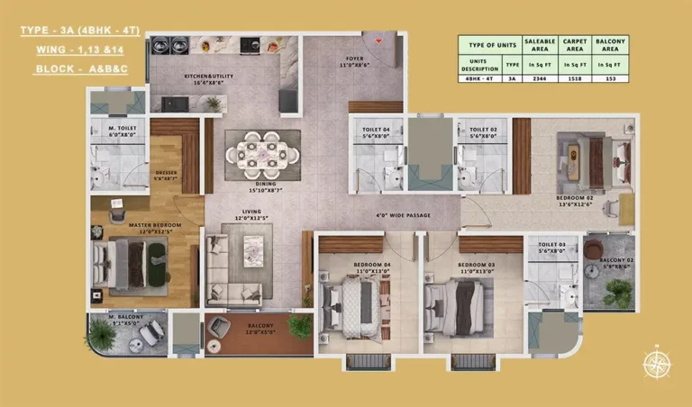Type-3A 4BHK-4T - Sattva Vasanta Skye