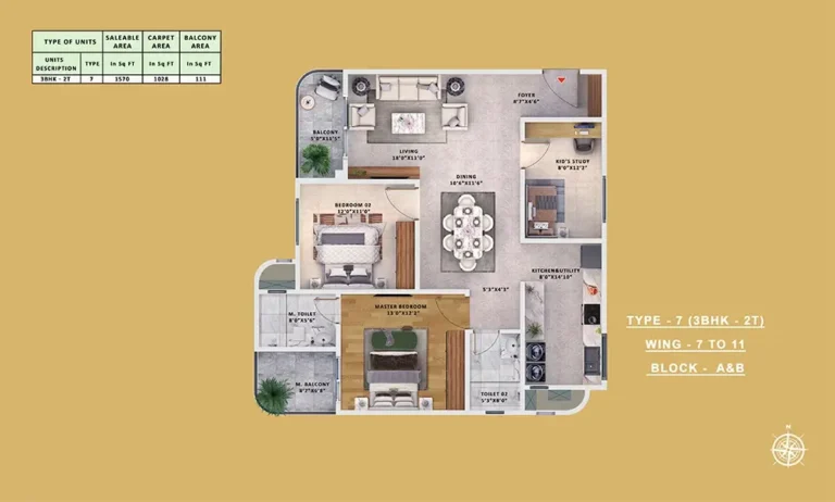 Type-7 3BHK-2T - Sattva Vasanta Skye