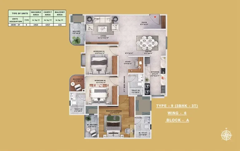 Type-9 3BHK-3T - Sattva Vasanta Skye