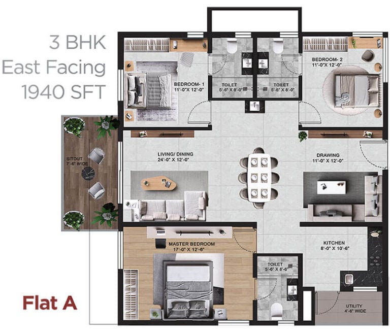 3BHK 1940 - Vian Mrida Apartments Kollur