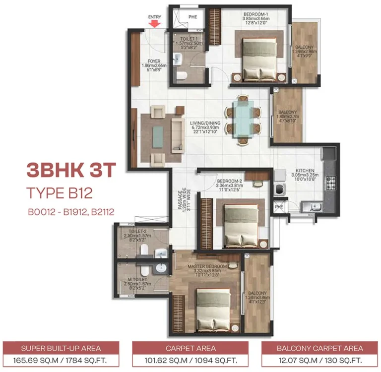 3BHK 1784 - Brigade Lakecrest Bhattarahalli