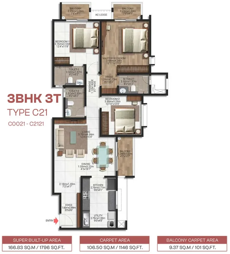 3BHK 1796 - Brigade Lakecrest Bhattarahalli