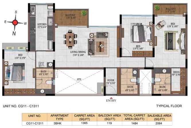 3BHK 2064 - Casagrand Estancia Kogilu