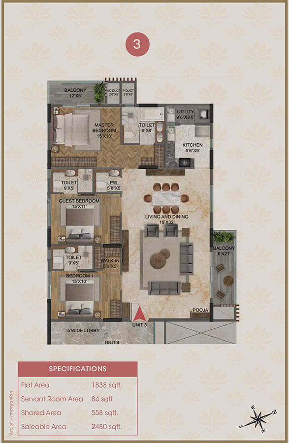 3BHK 2480 - Magnolia Delight Apartments