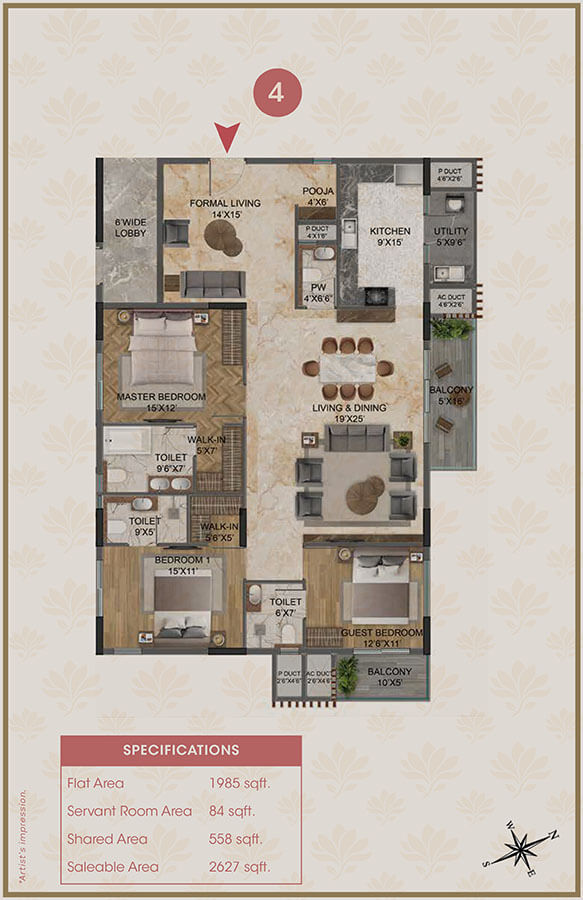 3BHK 2627 - Magnolia Delight Apartments
