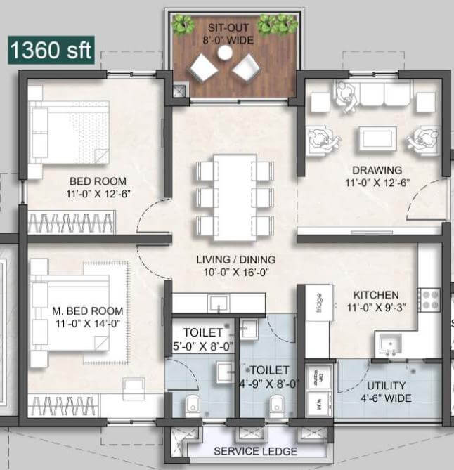 2BHK 1360 - Anvita Ivana Phase 2 Kollur