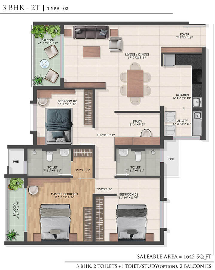 3BHK 1645 - Bren Park City Hulimangala