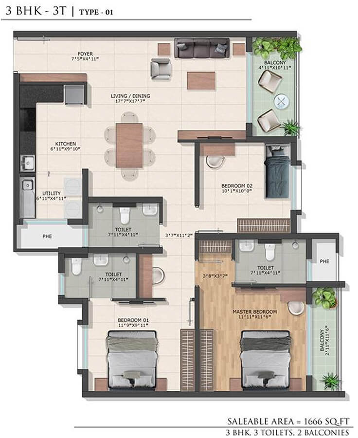 3BHK 1666 - Bren Park City Hulimangala