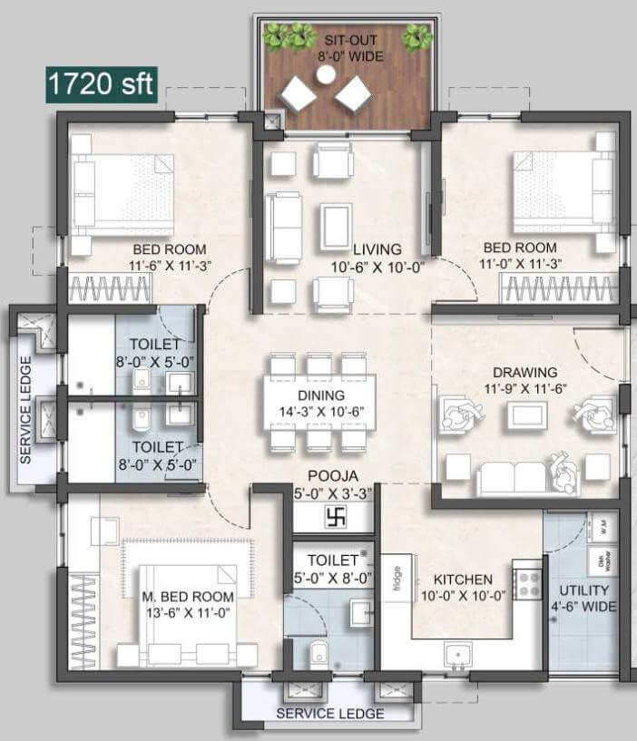 3BHK 1720 - Anvita Ivana Phase 2 Kollur
