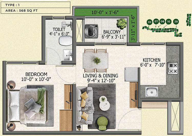 1BHK 568 - Sowparnika Whispering Petals Hoskote
