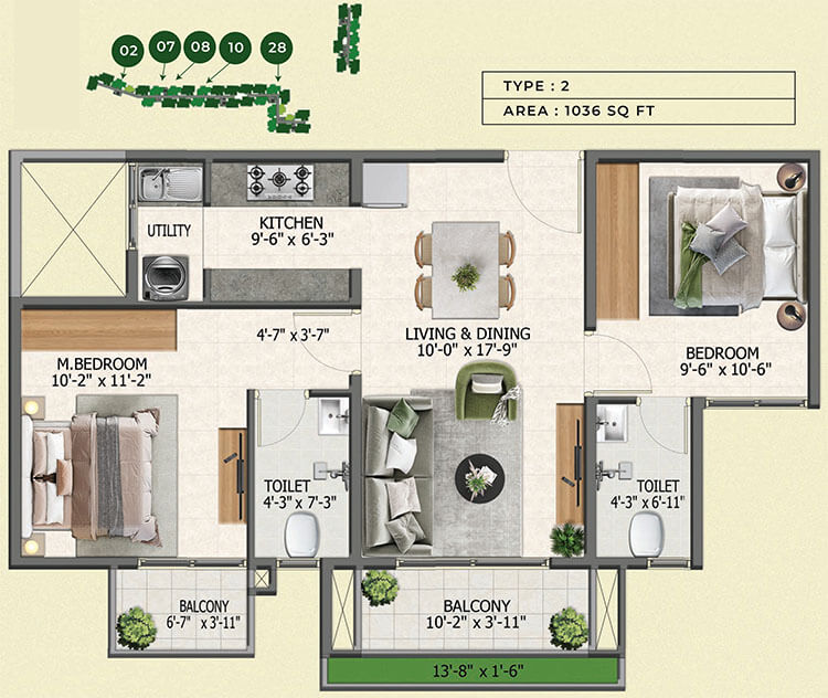2BHK 1036 - Sowparnika Whispering Petals Hoskote