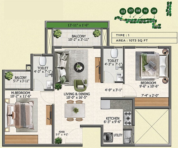 2BHK 1073 - Sowparnika Whispering Petals Hoskote