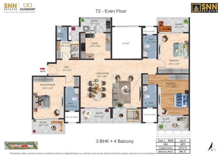 3BHK-4Balcony 2875 - SNN Duomont
