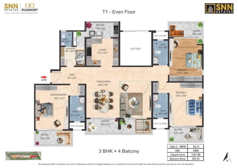 3BHK-4Balcony 2900 - SNN Duomont