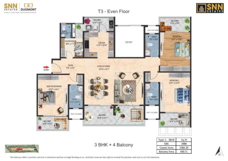 3BHK-4Balcony 2980 - SNN Duomont