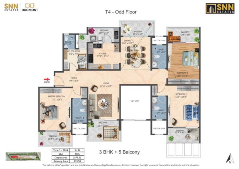 3BHK-5Balcony 2935 - SNN Duomont
