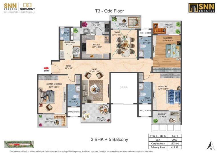 3BHK-5Balcony 2950 - SNN Duomont