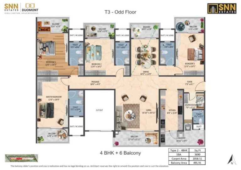 4BHK-6Balcony 3690 - SNN Duomont