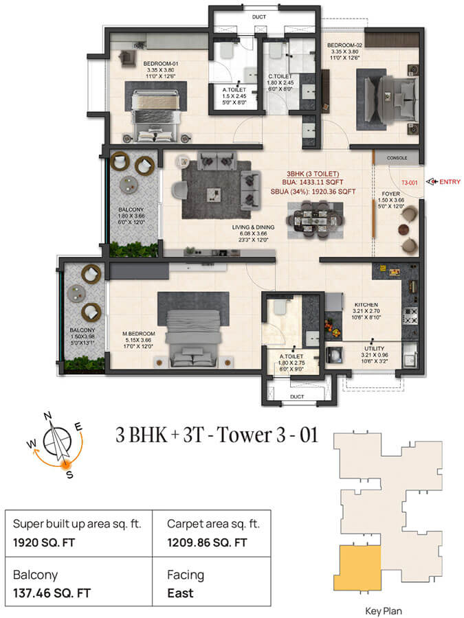3BHK 1920 - Trendsquares World Of Gardens