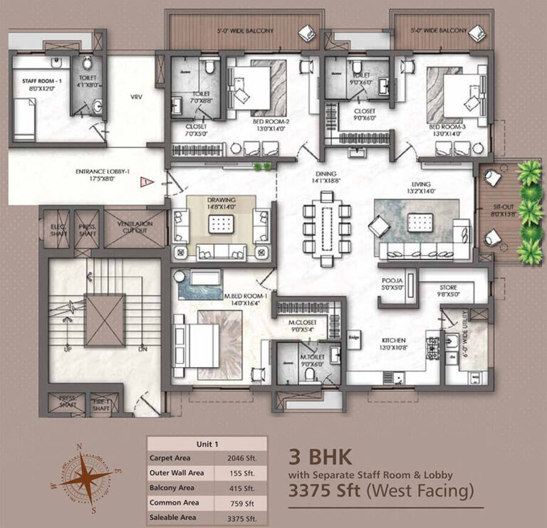 3BHK-Staff 3375 - Rajapushpa Skyra Kokapet
