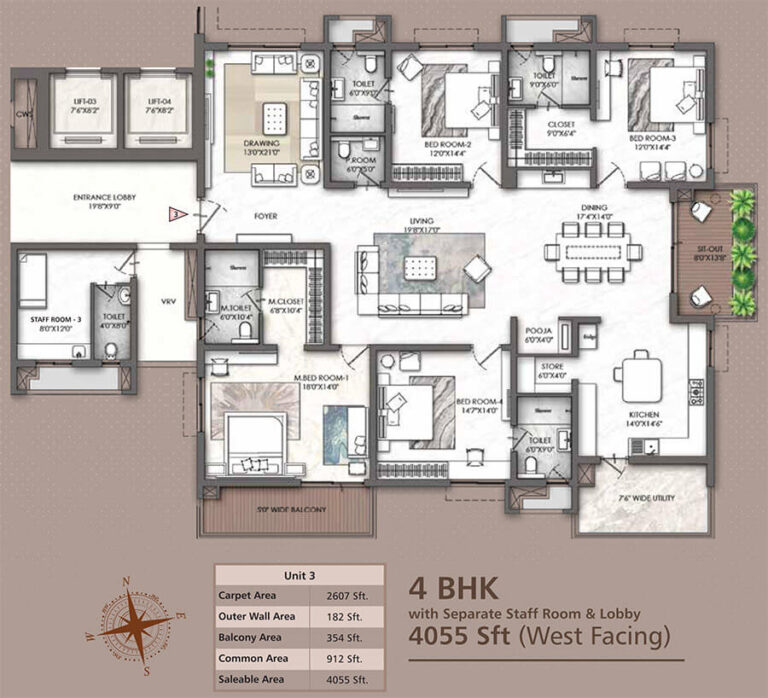 4BHK-Staff 4055 - Rajapushpa Skyra Kokapet