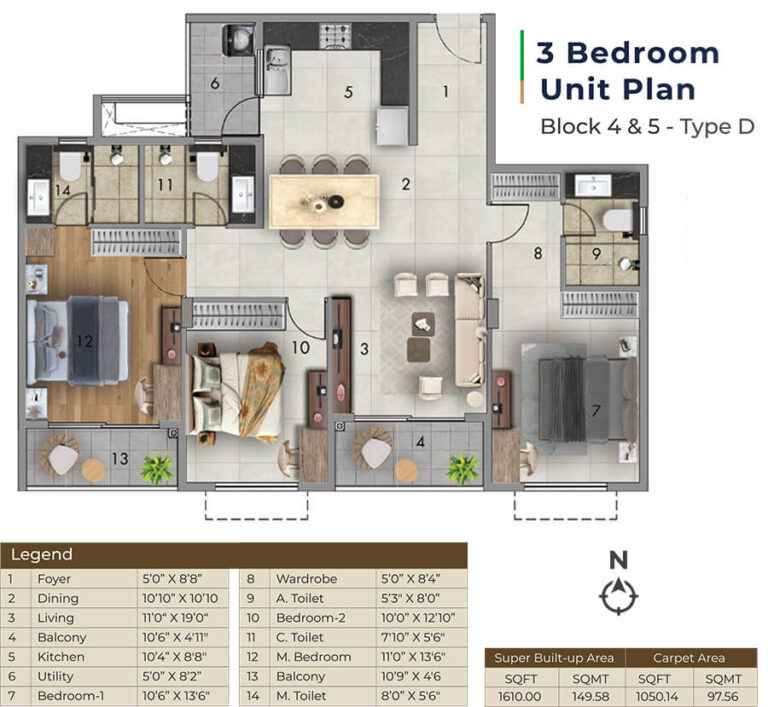 3BHK 1610 - Adarsh Tropica Sarjapur