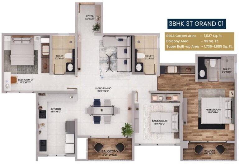 3BHK 1736-1889 - Purva Northern Lights