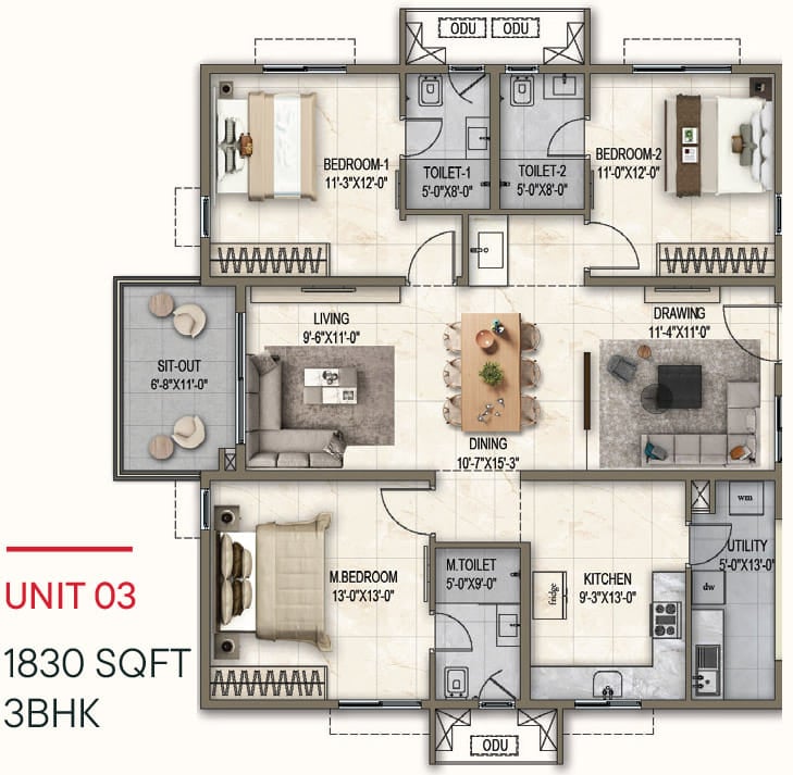 3bhk 1830 poulomi florique