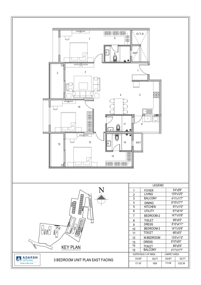 3BHK 1850 - Adarsh Parkland