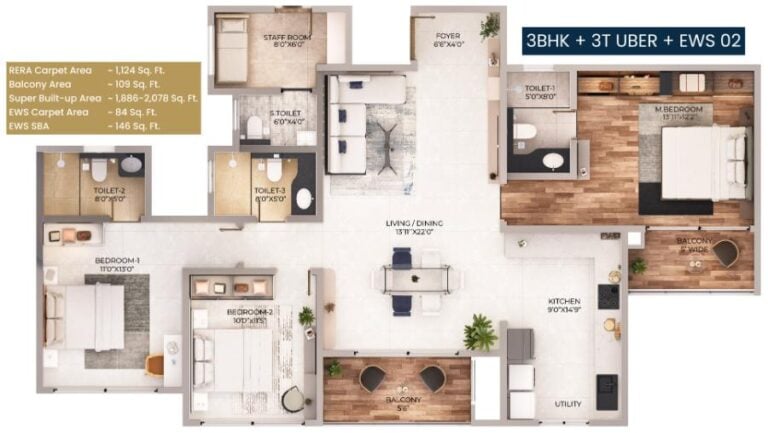 3BHK 1886-2078 - Purva Northern Lights