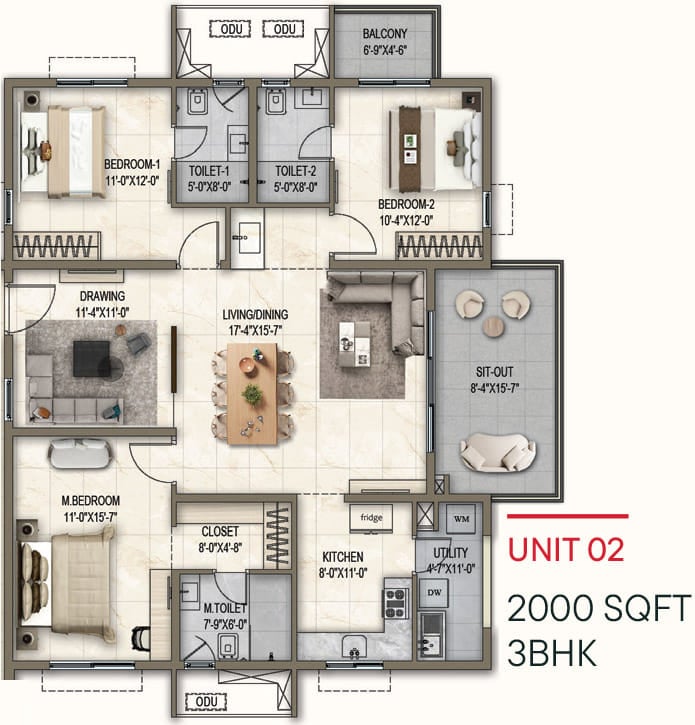3bhk 2000 poulomi florique