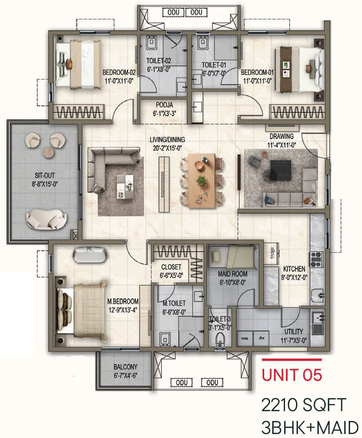 3bhk maid 2210 poulomi florique