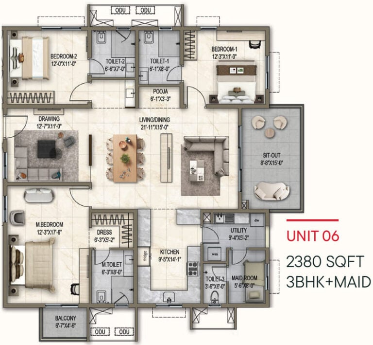 3bhk maid 2380 poulomi florique
