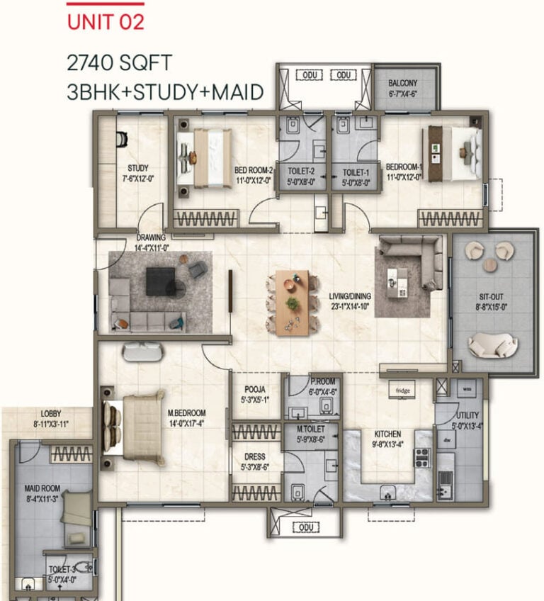 3bhk maid 2740 poulomi florique