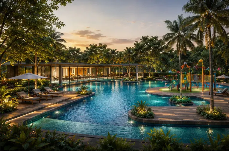 Conceptual resort-style swimming pools including a heated indoor pool