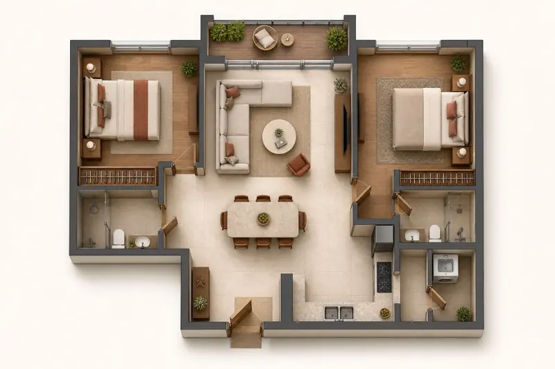 Conceptual two bedroom apartment floor plan