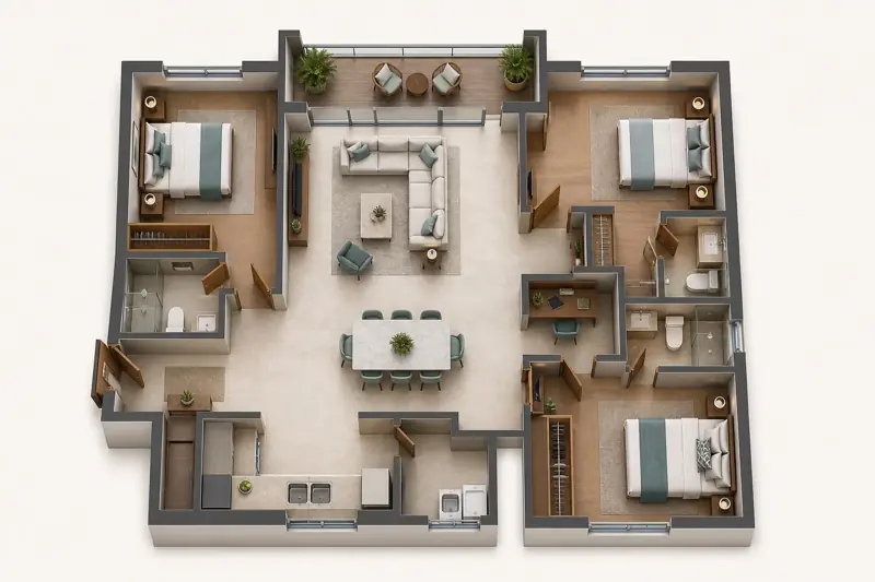 Conceptual three bedroom apartment floor plan