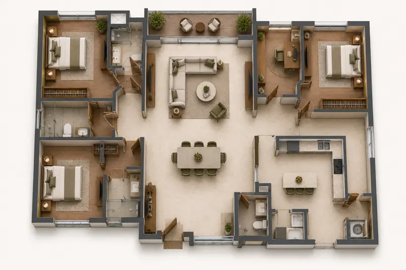 Conceptual three bedroom with study apartment floor plan
