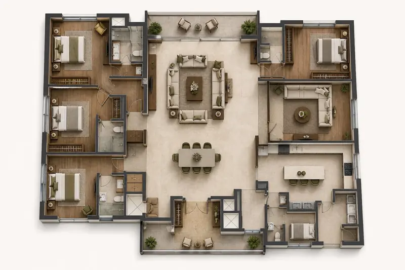 Conceptual four bedroom apartment floor plan