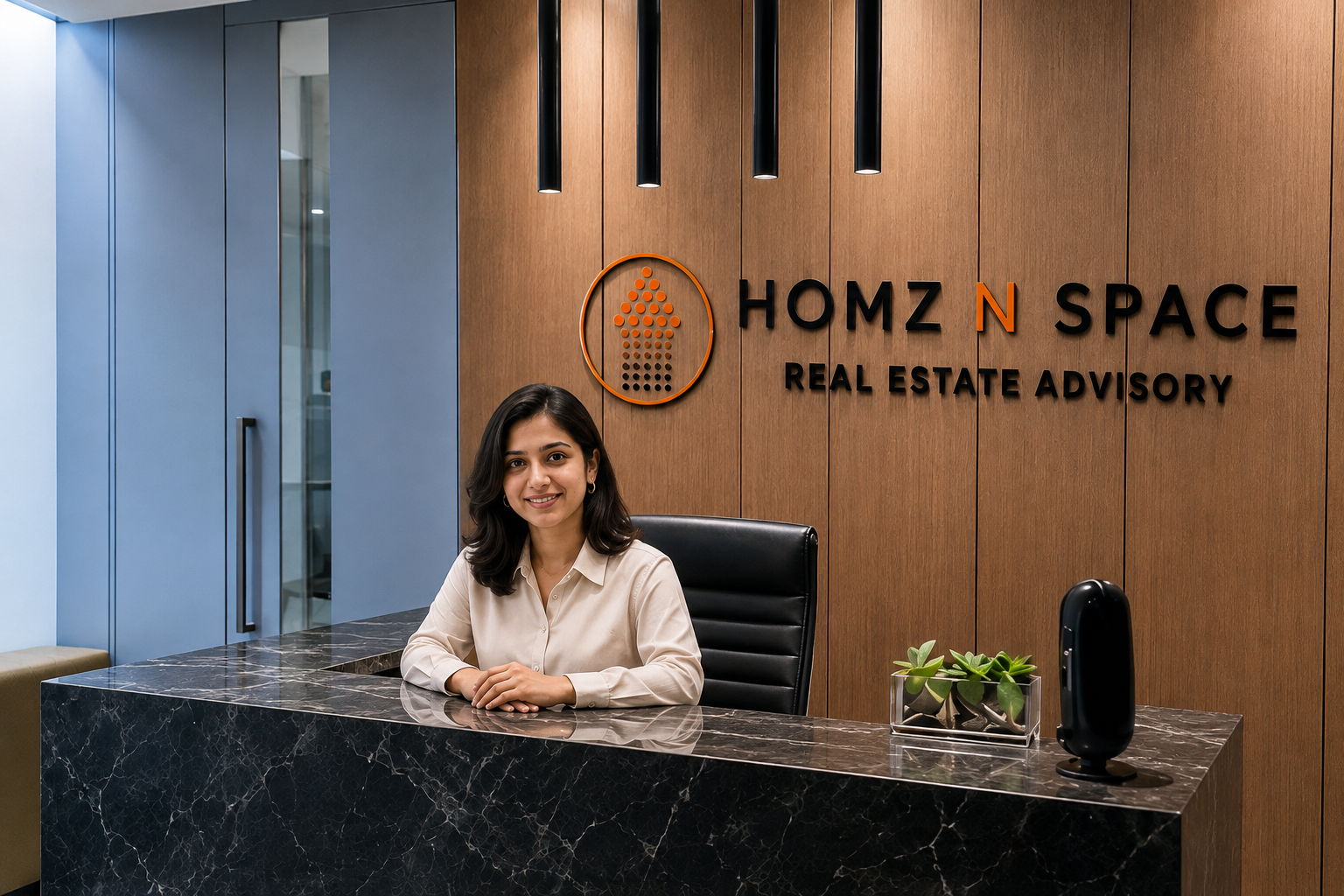 Homz N Space receptionist at the marble reception desk with the office branding behind her