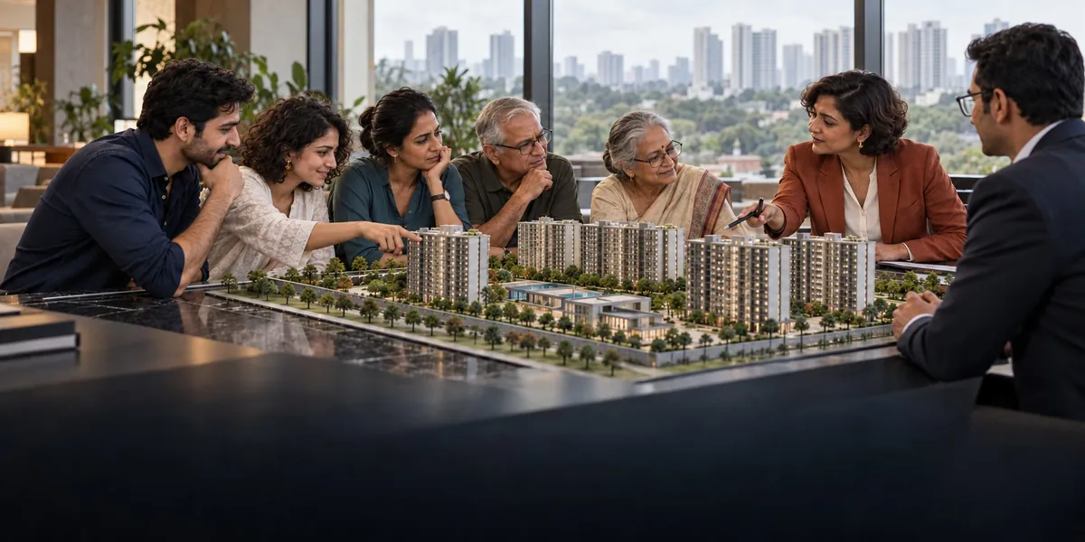 Home buyers reviewing a project model with a Homz N Space property advisor