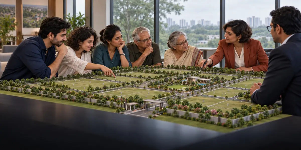Home buyers reviewing a plotted layout model with a Homz N Space property advisor